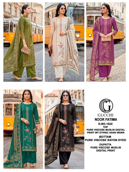 Noor Fatima 1022 Gucchi Viscose Muslin Pant Style Suits Exporter Ahmedabad