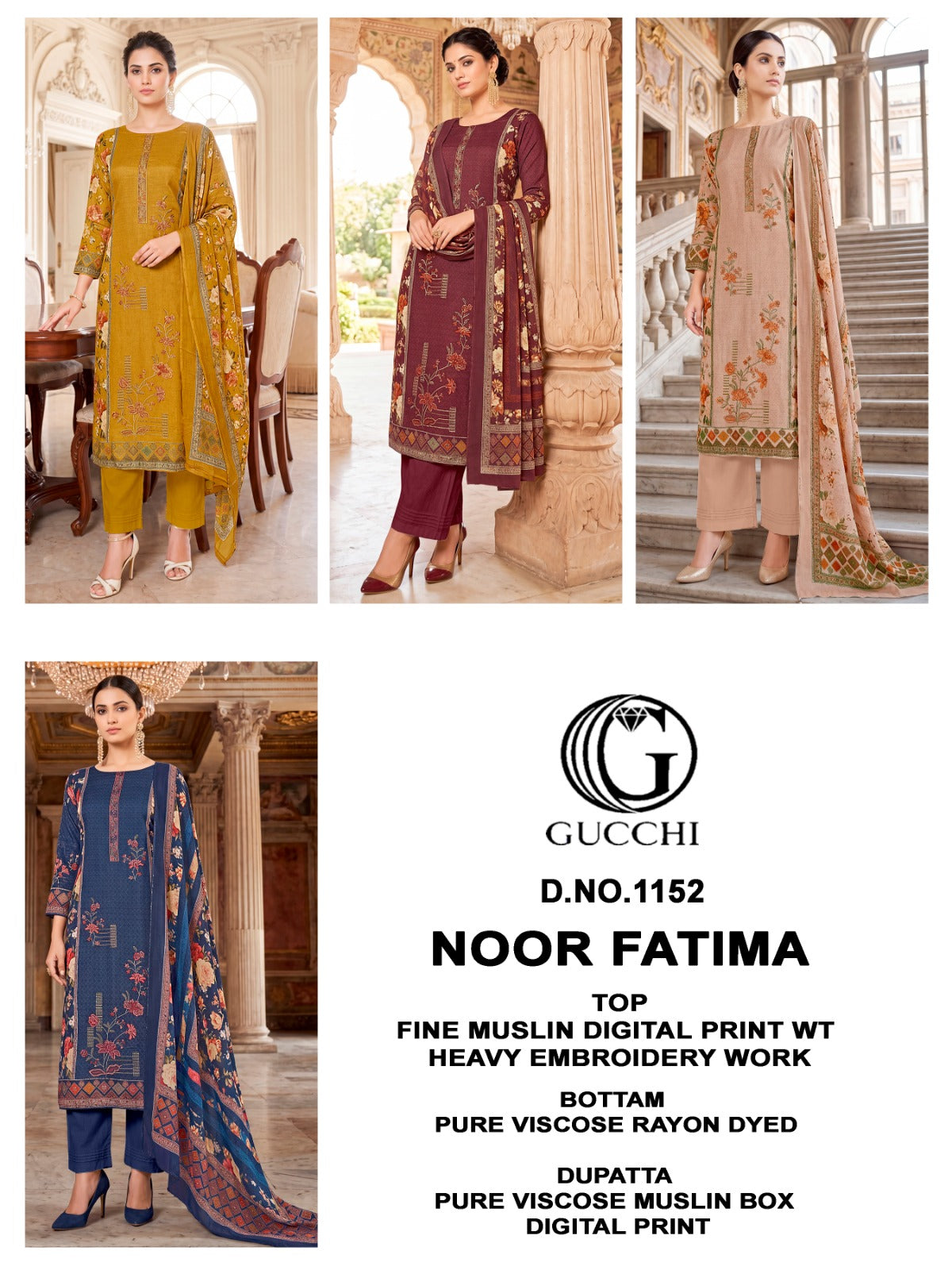 Noor Fatima 1151-1152-1153 Gucchi Viscose Muslin Karachi Salwar Suits Manufacturer