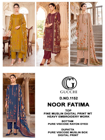 Noor Fatima 1151-1152-1153 Gucchi Viscose Muslin Karachi Salwar Suits Manufacturer
