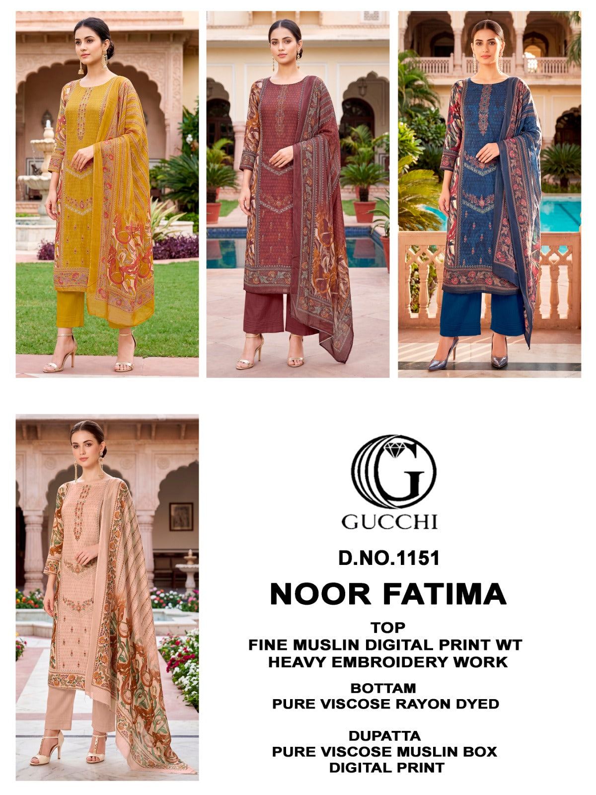 Noor Fatima 1151-1152-1153 Gucchi Viscose Muslin Karachi Salwar Suits Manufacturer