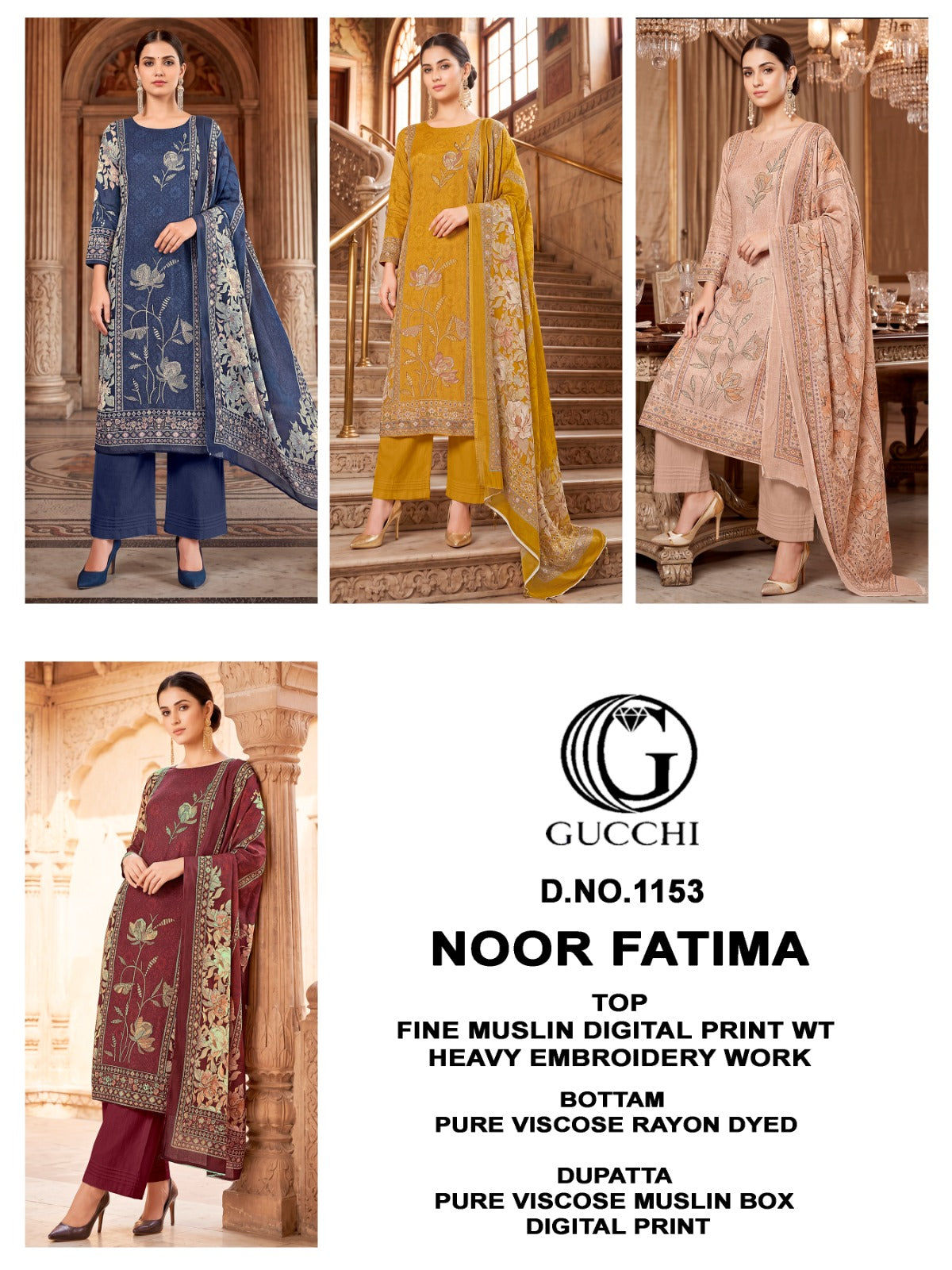 Noor Fatima 1151-1152-1153 Gucchi Viscose Muslin Karachi Salwar Suits Manufacturer