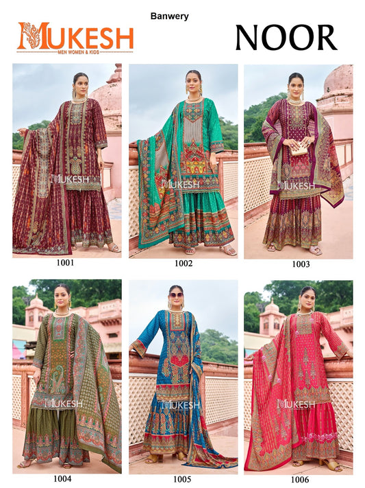 Noor Mukesh Banwery Crape Silk Karachi Readymade Suits Wholesale Rate