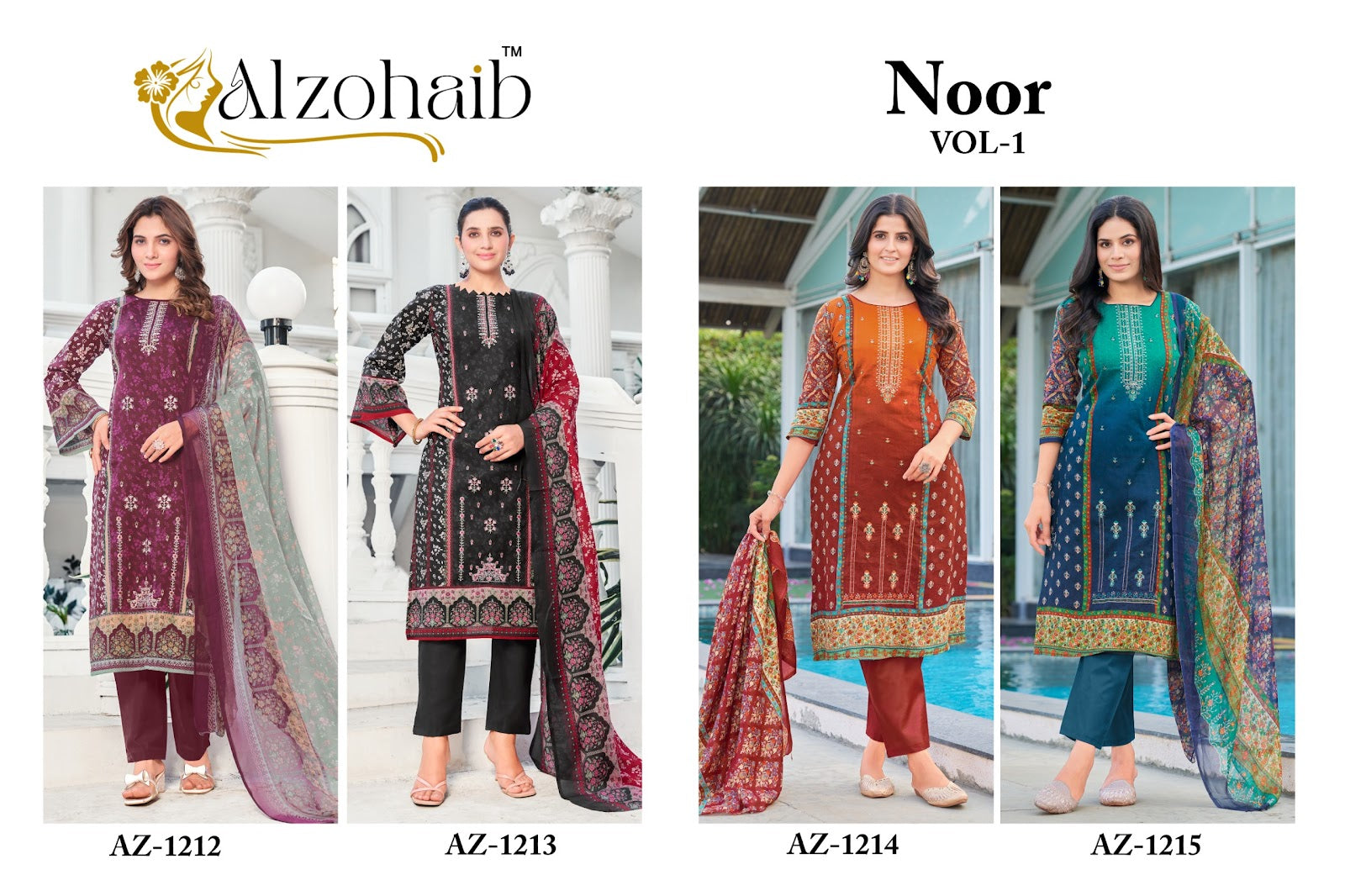 Noor Vol 1 1212-1215 Al Zohaib Pure Cotton Pakistani Salwar Suits Wholesale Price