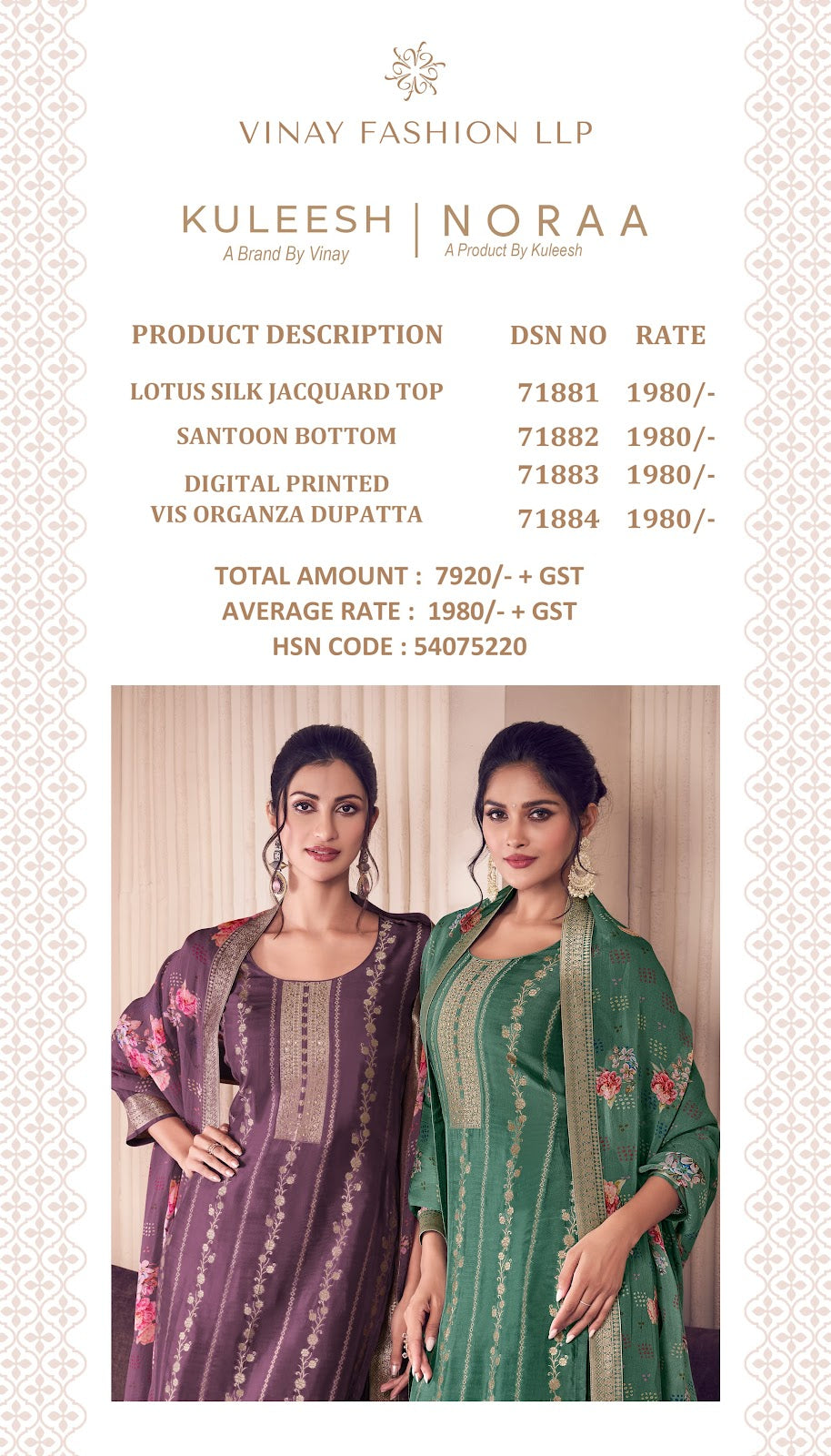 Noraa Kuleesh Vinay Fashion Llp Silk Jacquard Pant Style Suits Wholesale Price