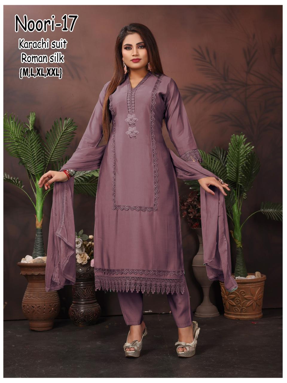 Noori Karachi Ayg Roman Silk Readymade Pant Style Suits Manufacturer