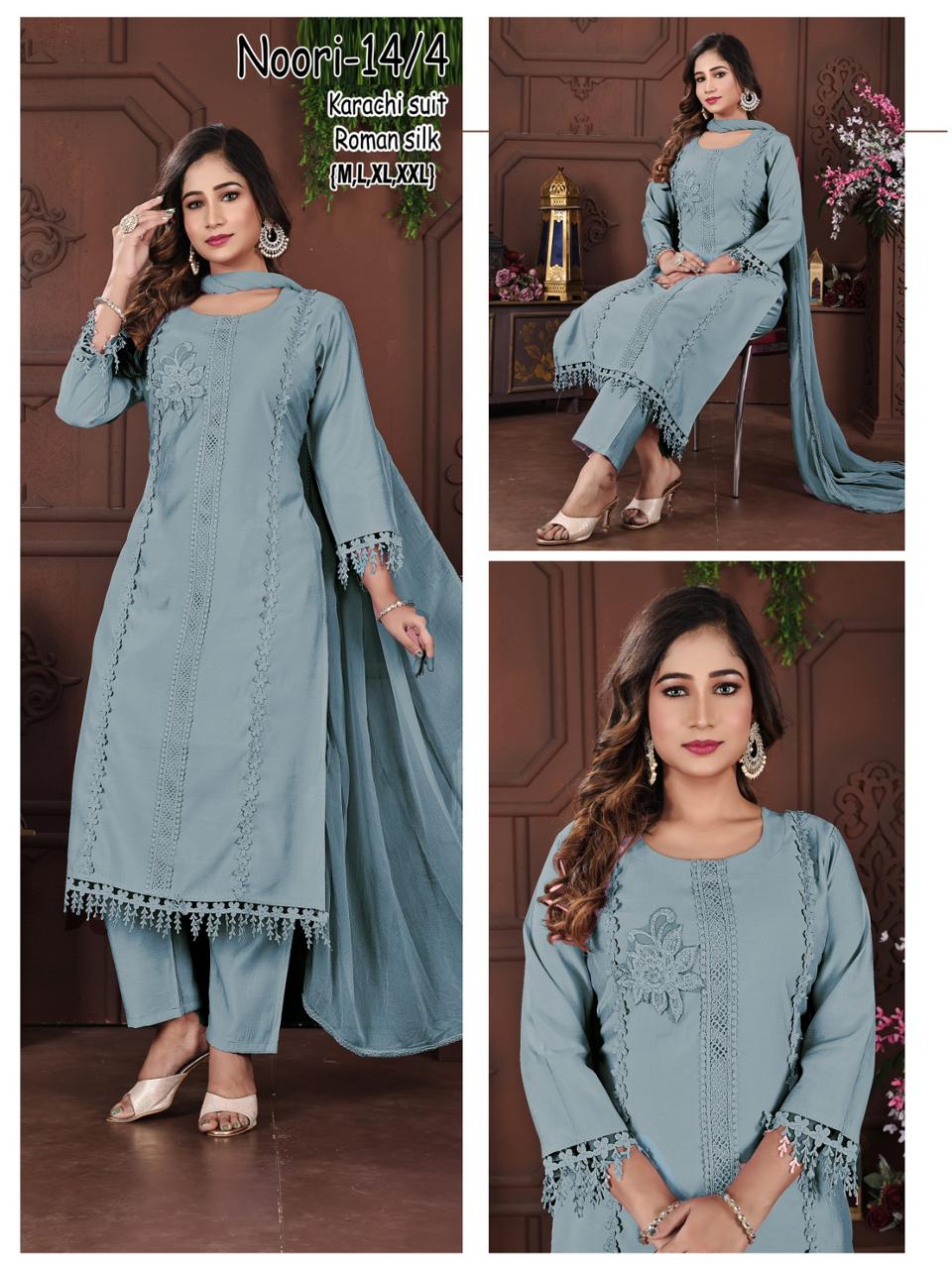 Noori Karachi Ayg Roman Silk Readymade Pant Style Suits Manufacturer