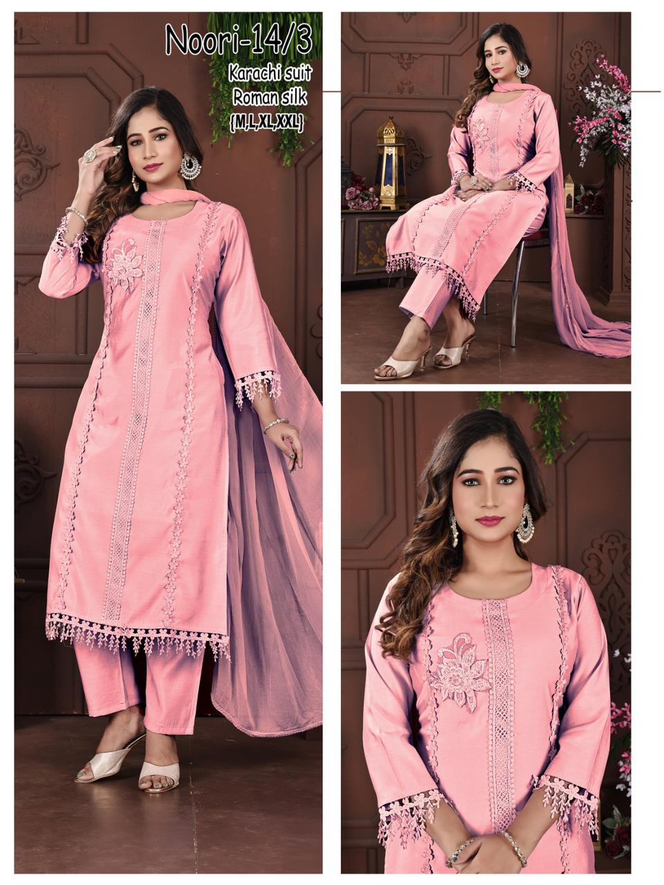 Noori Karachi Ayg Roman Silk Readymade Pant Style Suits Manufacturer