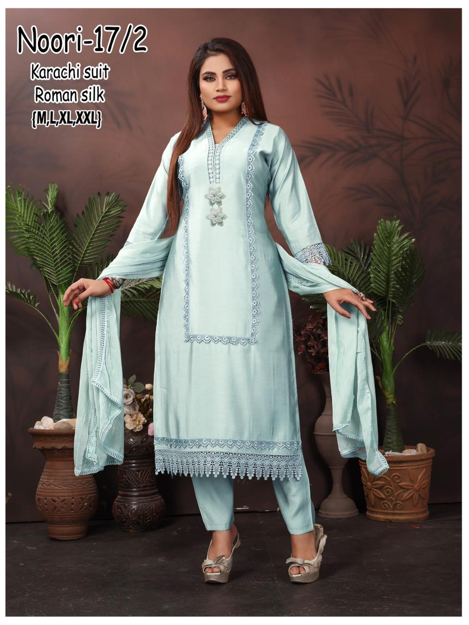 Noori Karachi Ayg Roman Silk Readymade Pant Style Suits Manufacturer