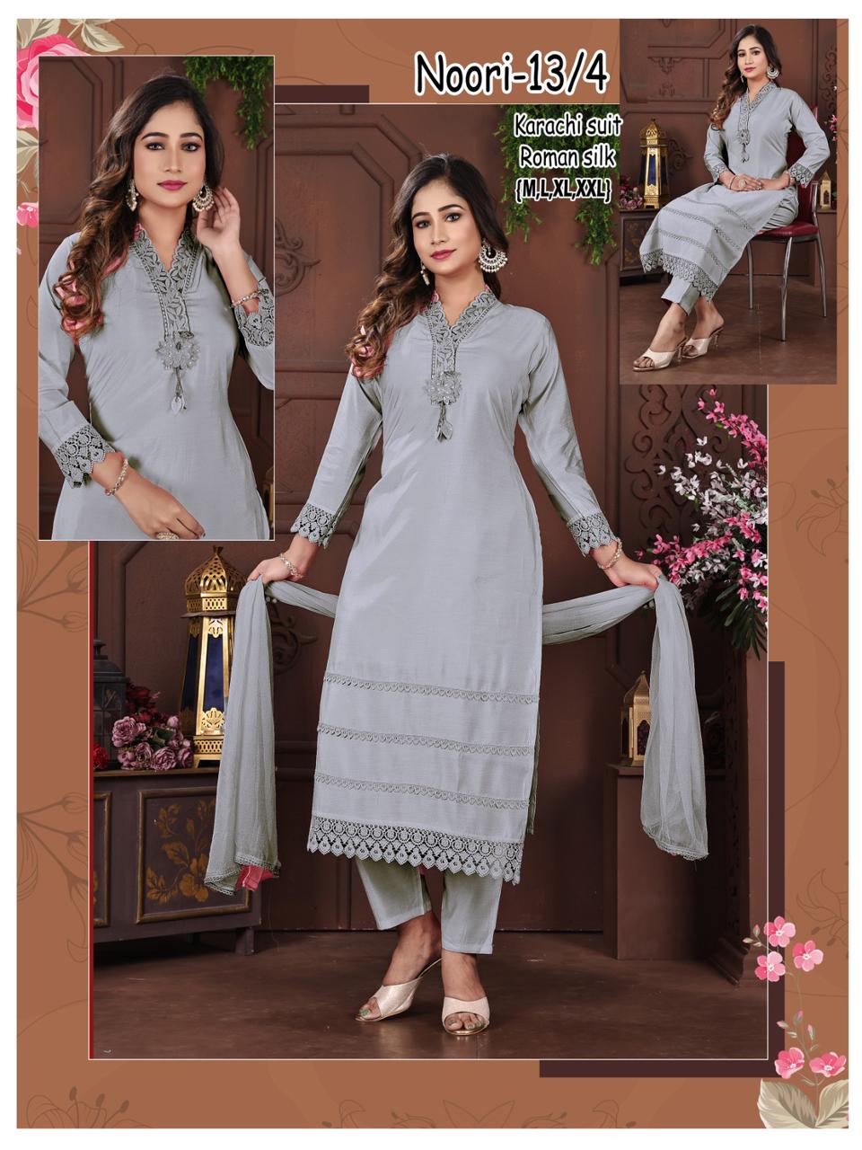Noori Karachi Ayg Roman Silk Readymade Pant Style Suits Manufacturer