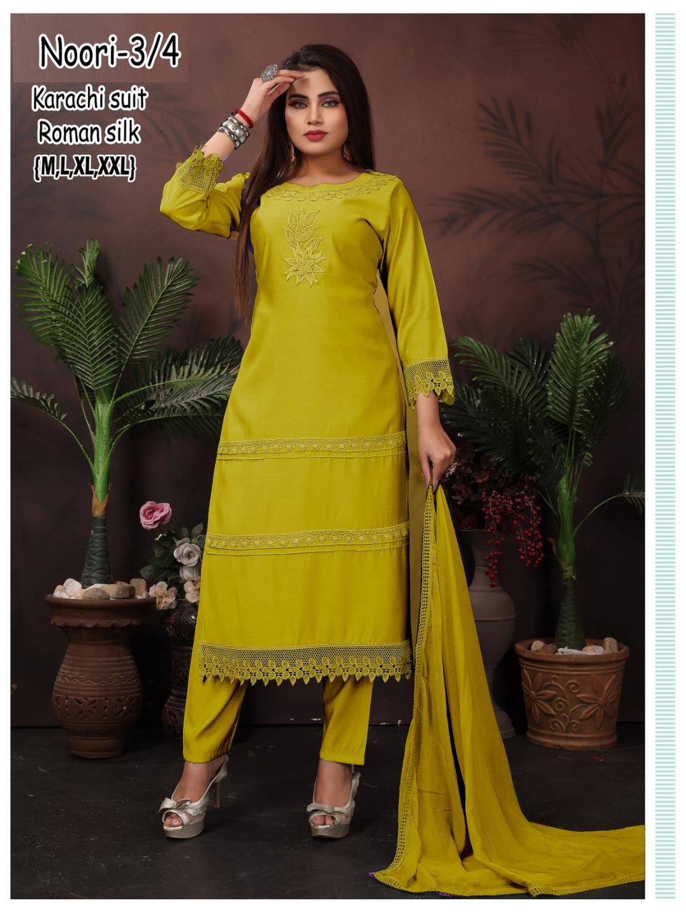 Noori Karachi Ayg Roman Silk Readymade Pant Style Suits Manufacturer