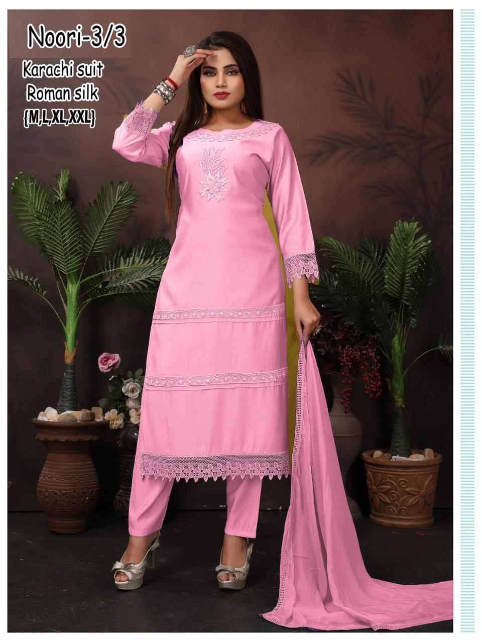 Noori Karachi Ayg Roman Silk Readymade Pant Style Suits Manufacturer