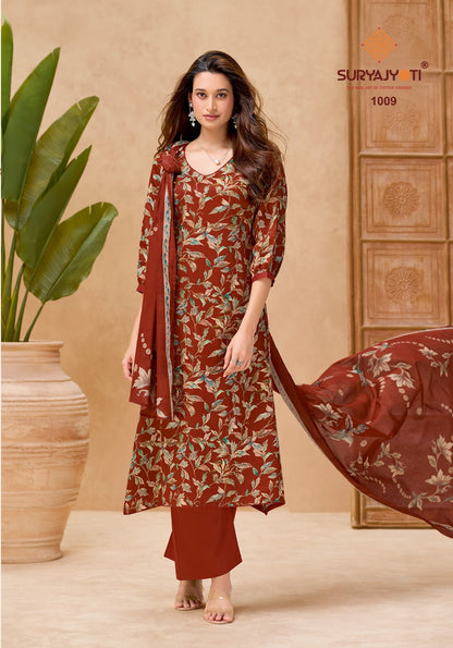 Nora Vol 1 Cotton Dupatta Suryajyoti Jaam Satin Pant Style Suits Wholesaler Gujarat