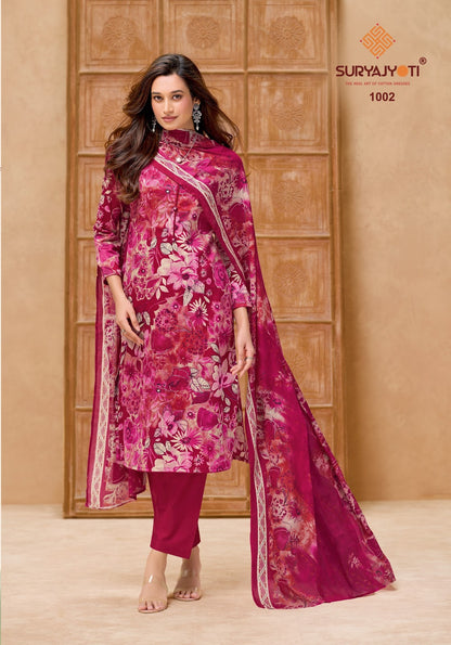 Nora Vol 1 Cotton Dupatta Suryajyoti Jaam Satin Pant Style Suits Wholesaler Gujarat
