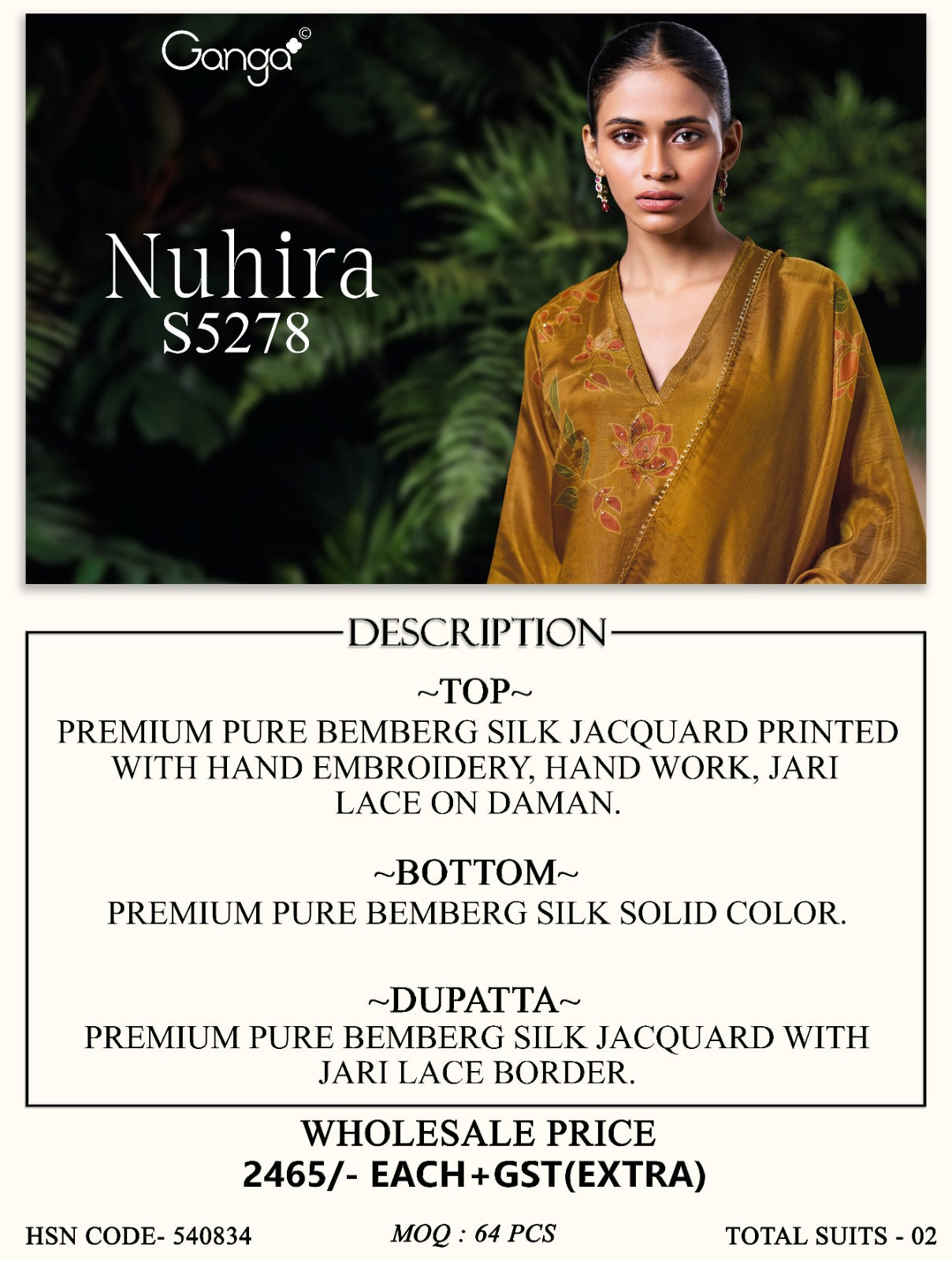 Nuhira S5278 Ganga Bemberg Silk Pant Style Suits Wholesale Price