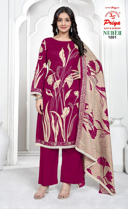 Nureh Vol 1 Js Priya Rayon Pant Style Suits Supplier