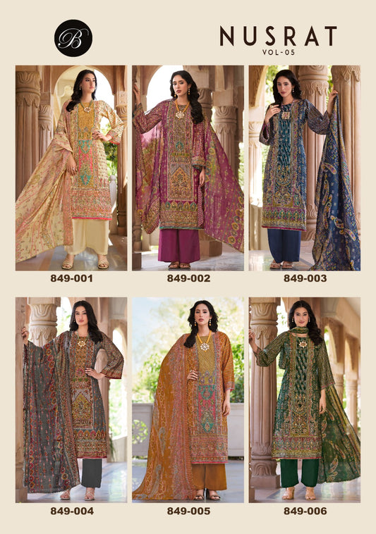 Nusrat Vol 5 Belliza Designer Studio Viscose Muslin Karachi Readymade Suits Exporter