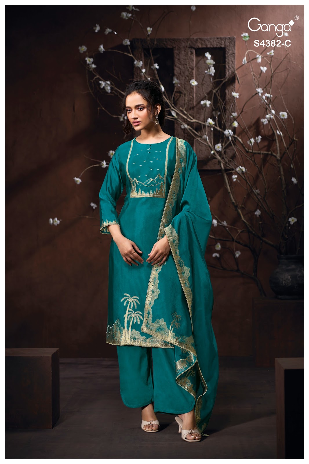 Nuvika 4382 Ganga Pure Viscose Plazzo Style Suits Wholesale Rate