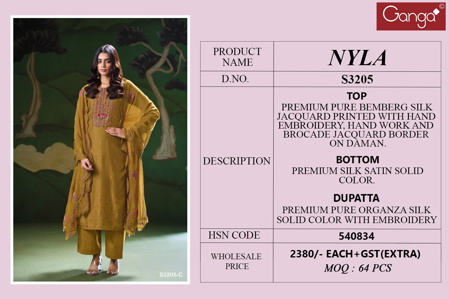 Nyla 3205 Ganga Premium Bemberg Plazzo Style Suits Wholesale