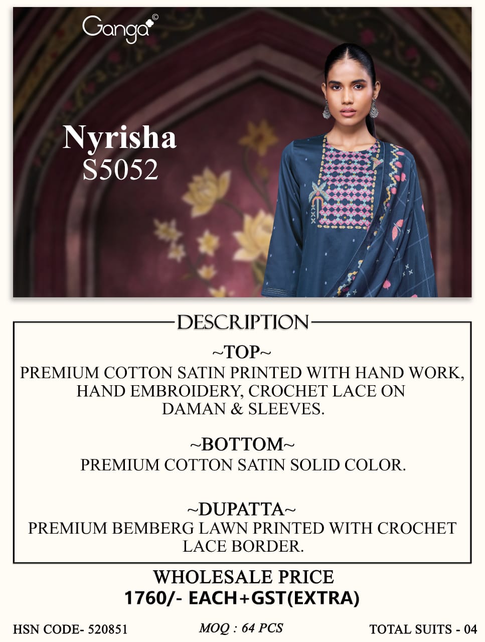 Nyrisha S5052 Ganga Cotton Satin Pant Style Suits Wholesaler