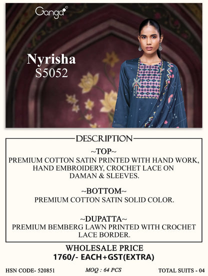 Nyrisha S5052 Ganga Cotton Satin Pant Style Suits Wholesaler