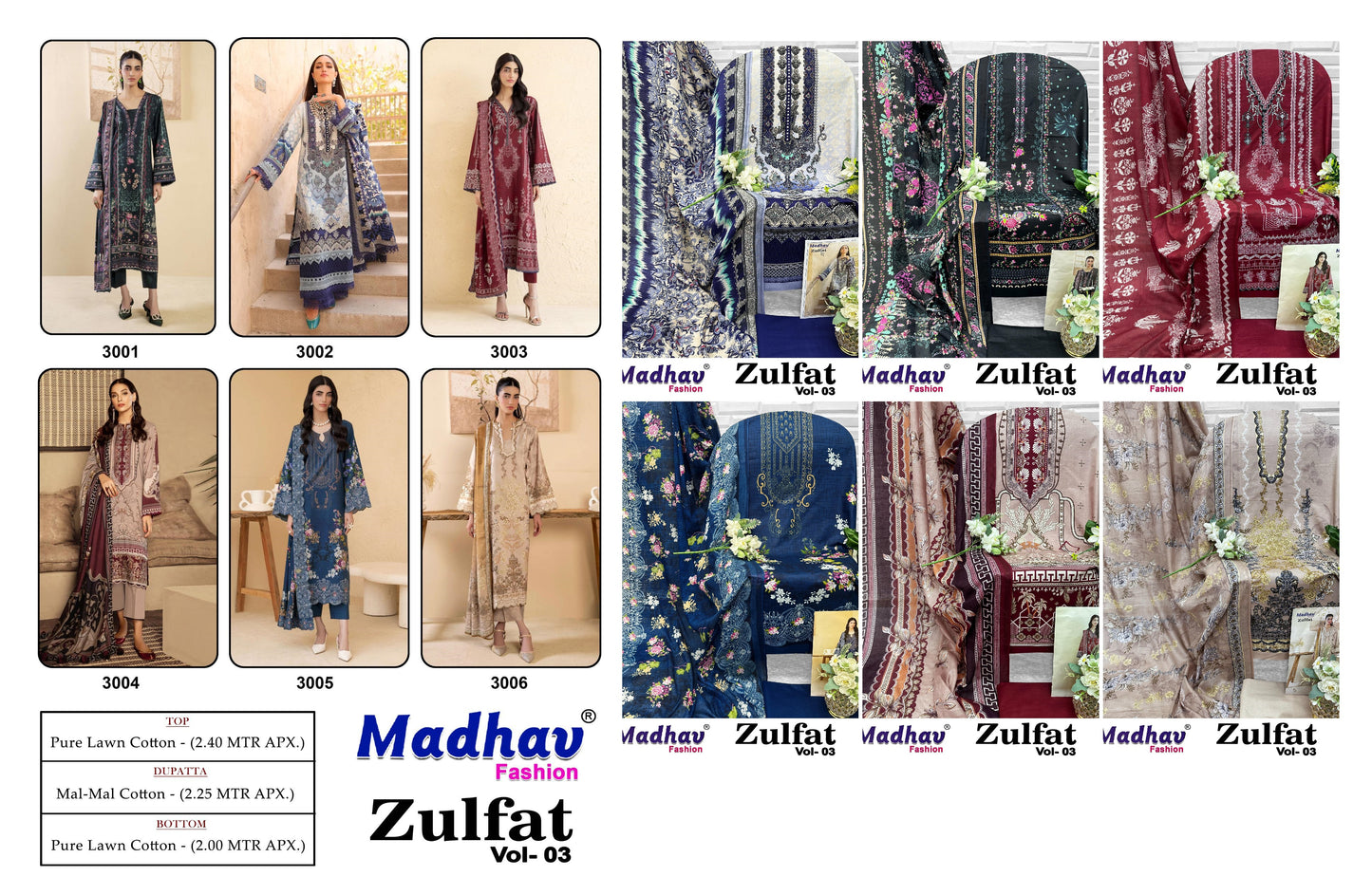 Zulfat Vol 3 Madhav Fashion Lawn Cotton Open Pics Karachi Salwar Suits Manufacturer