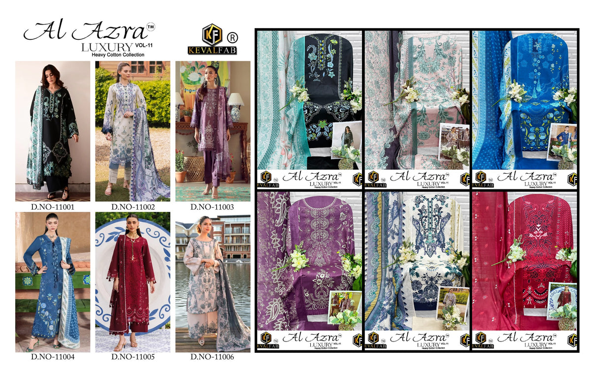 Al Azra Vol 11 Keval Fab Mix Cotton Open pic Karachi Salwar Suits Wholesale Rate