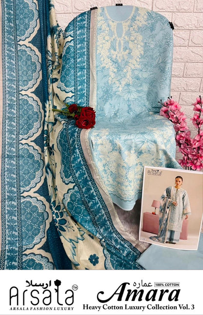 Amara Vol 3 Cotton Luxury Collection Arsala Fashion Lawn Open pic Karachi Salwar Suits Wholesaler Gujarat