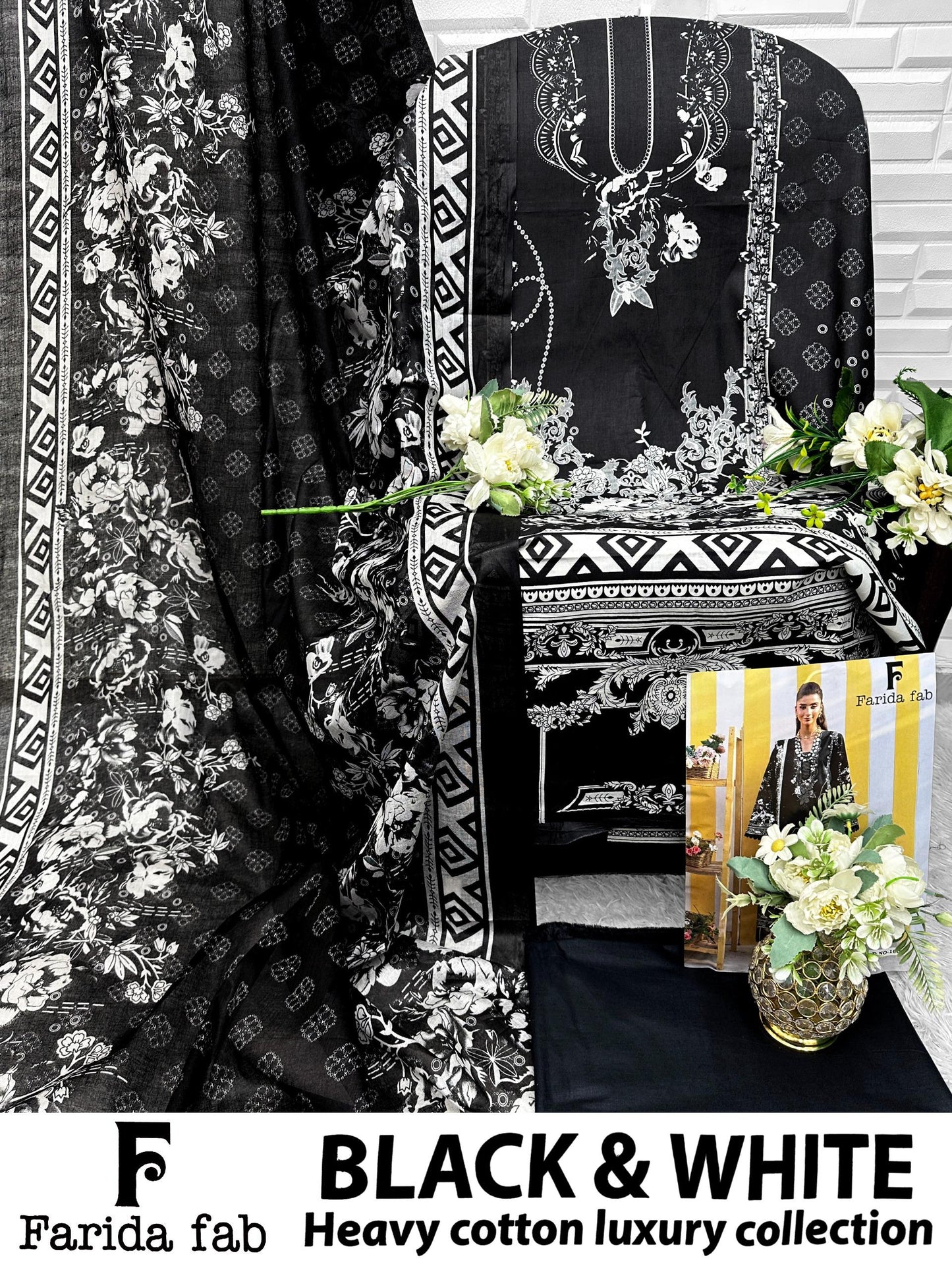 Black And White Farida Fab Lawn Cotton Open Pic Karachi Salwar Suits Exporter India