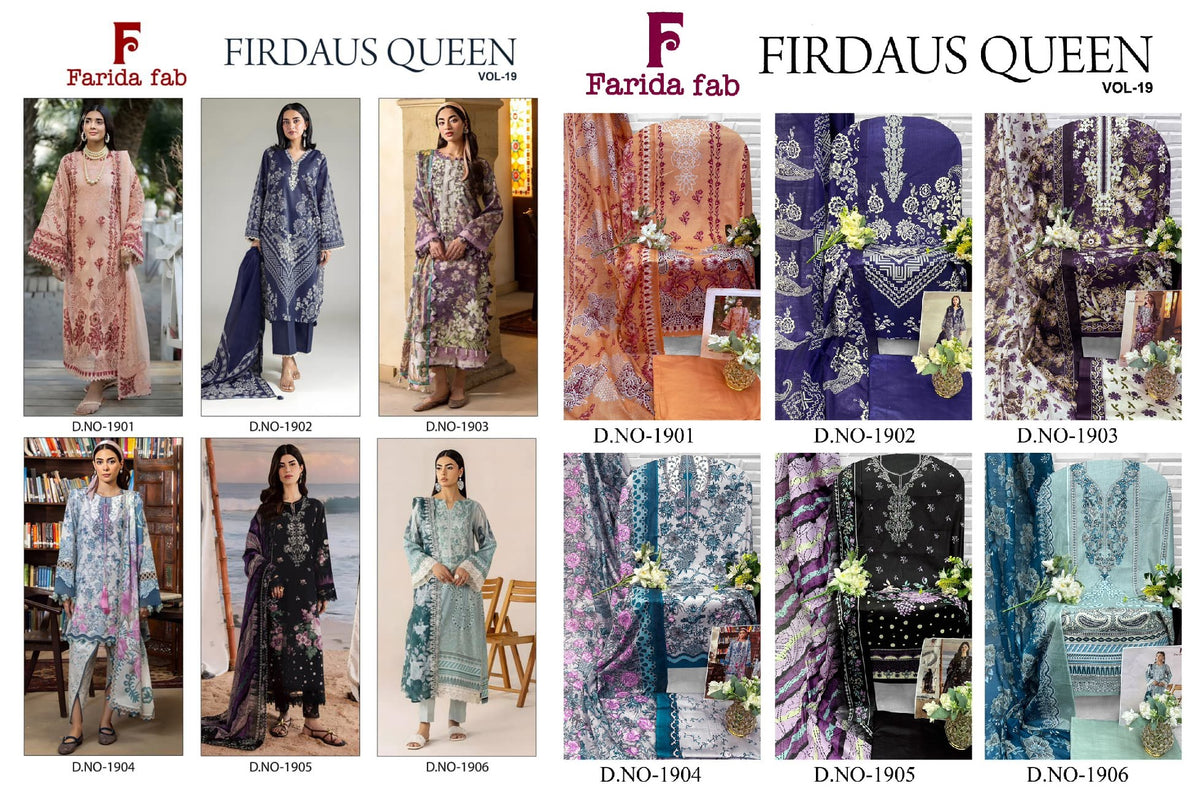 Firdaus Queen Vol 19 Farida Fab Mix Cotton OPEN PIC Karachi Salwar Suits Wholesale Rate