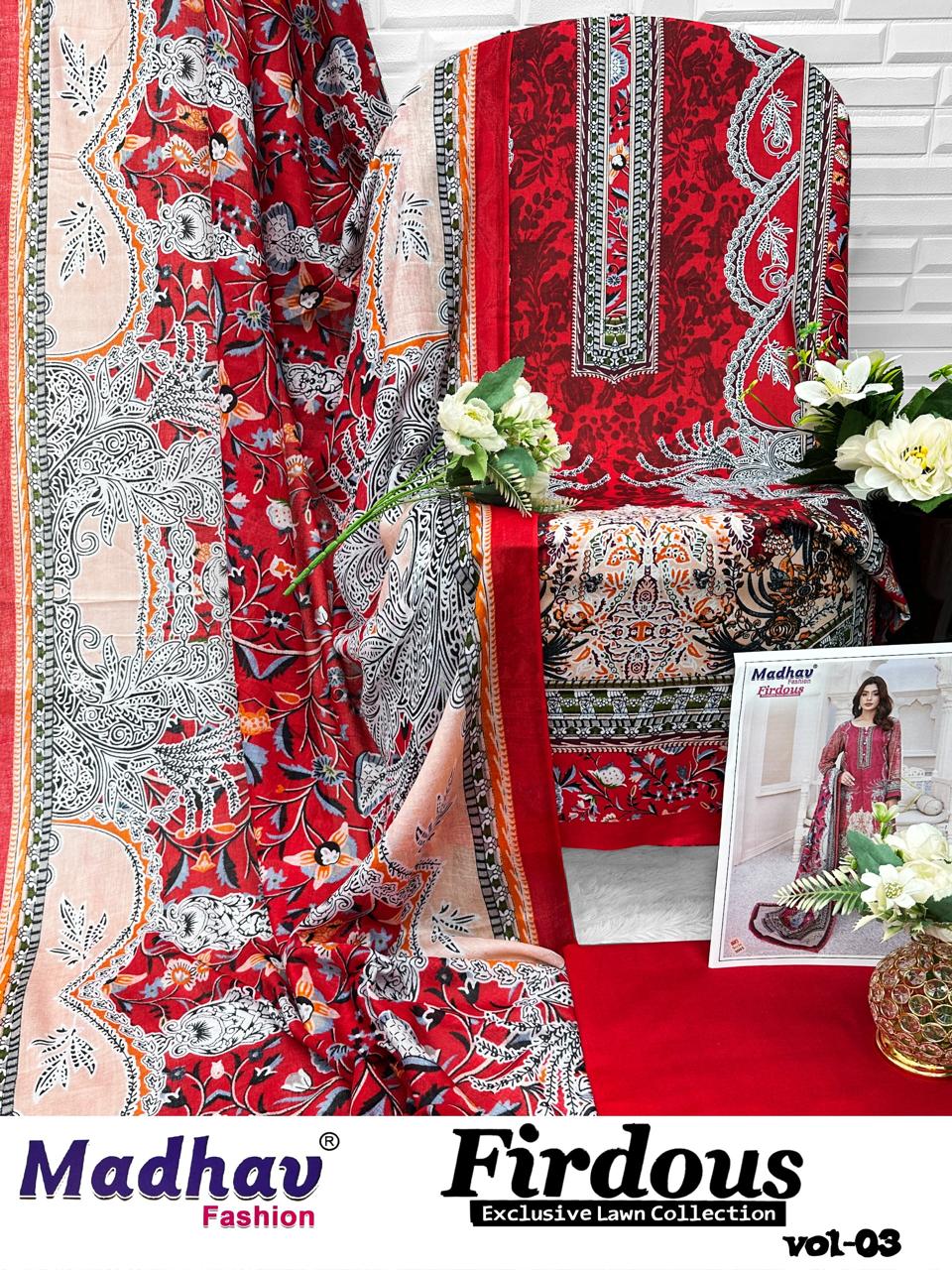 फिरदौस वॉल्यूम 3 माधव फैशन कॉटन लॉन कराची सलवार सूट थोक मूल्य