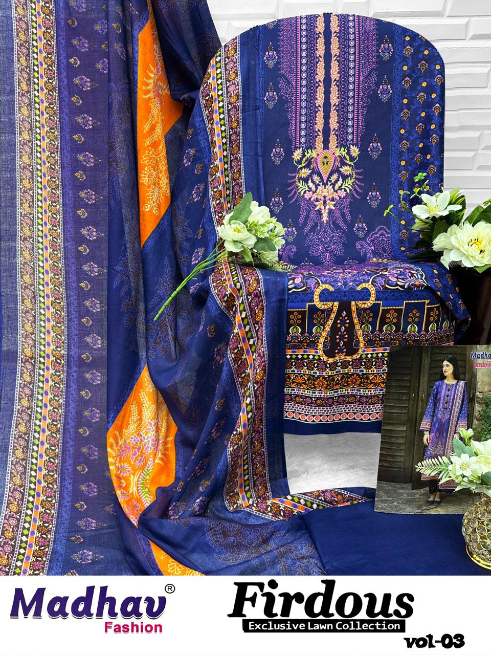 फिरदौस वॉल्यूम 3 माधव फैशन कॉटन लॉन कराची सलवार सूट थोक मूल्य