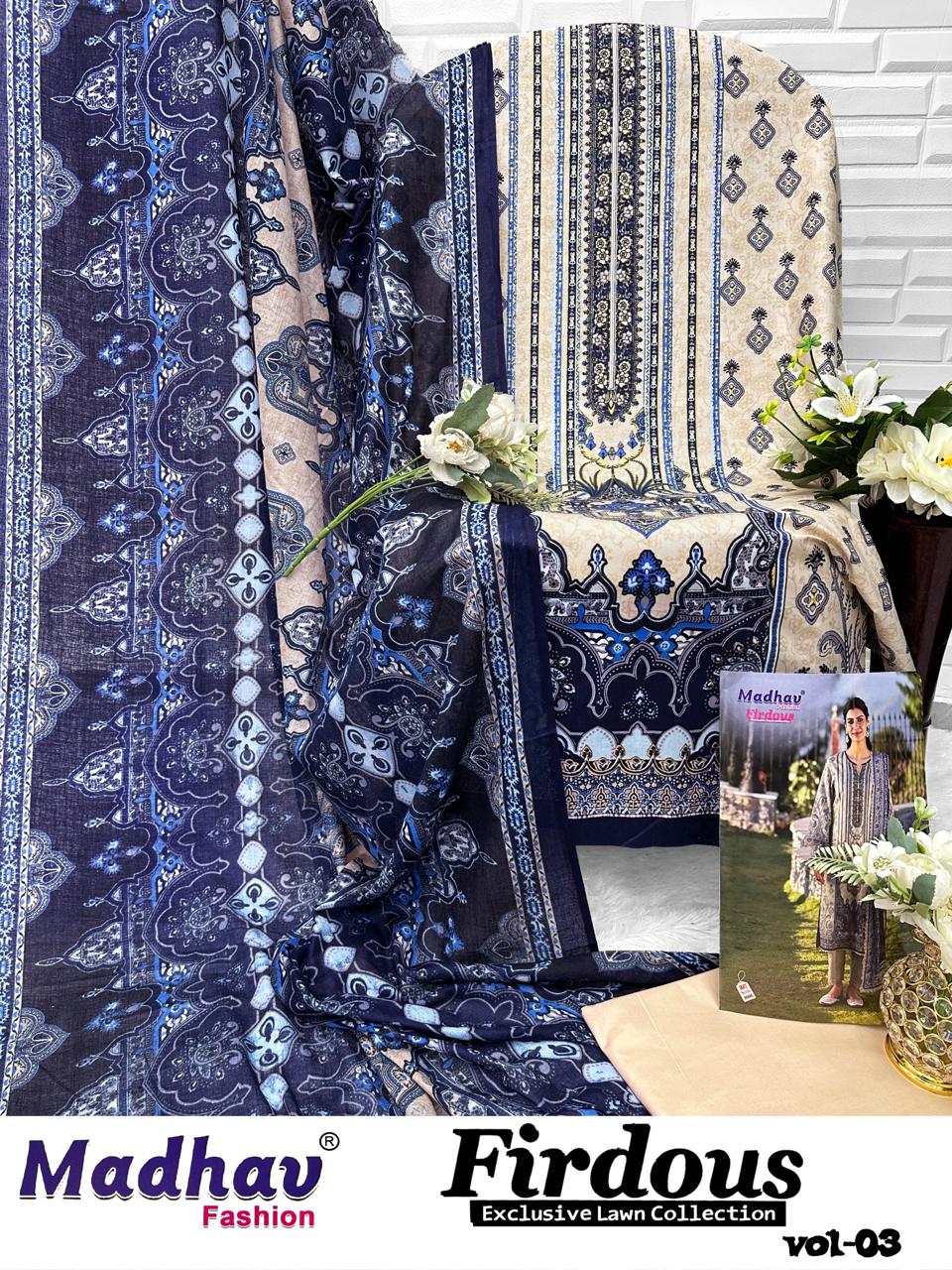 फिरदौस वॉल्यूम 3 माधव फैशन कॉटन लॉन कराची सलवार सूट थोक मूल्य