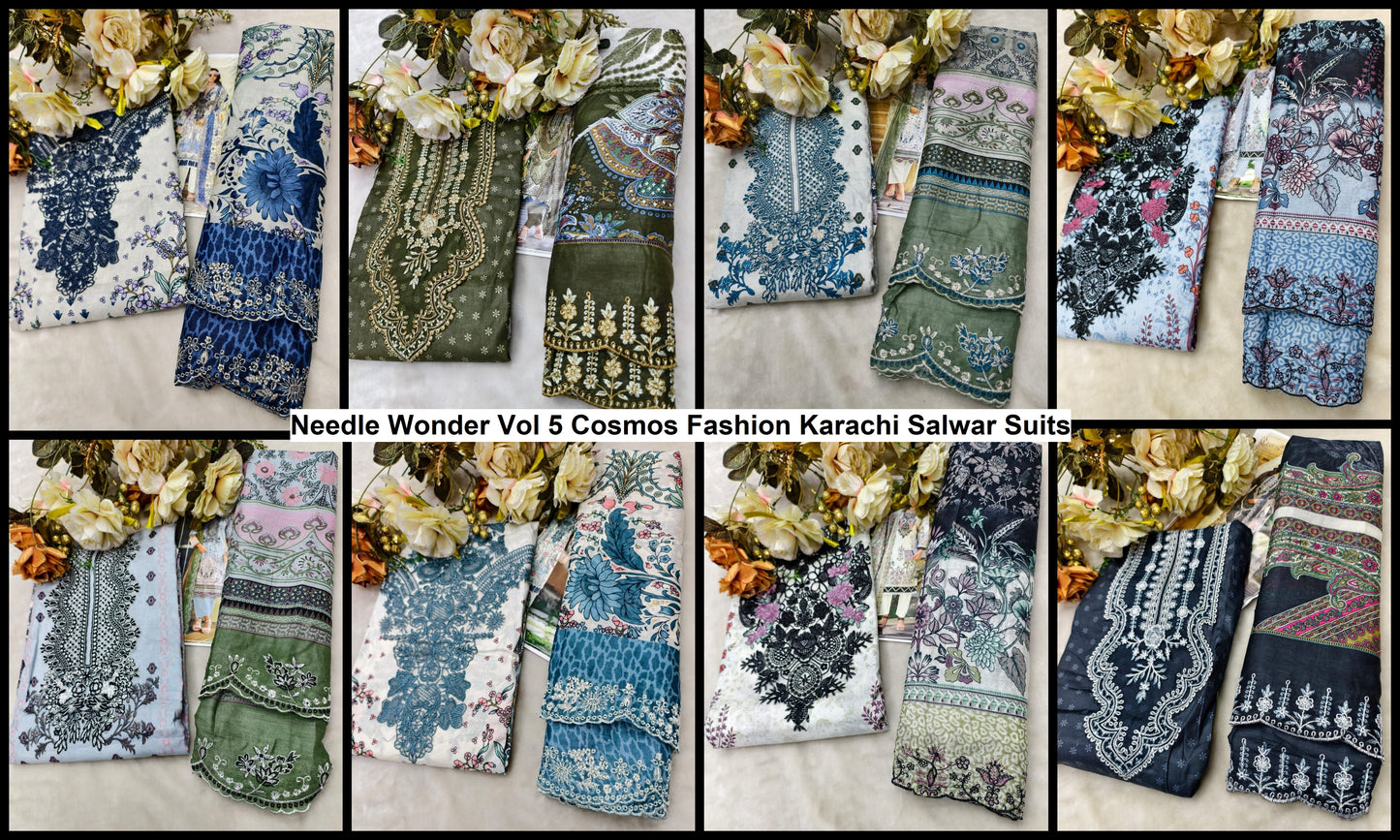 Needle Wonder Vol 5 Cosmos Fashion Lawn Cotton Open pic Karachi Salwar Suits Wholesaler India
