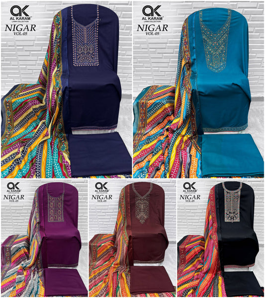 Nigar Vol 5 Al Karam Reyon Open Pic Karachi Salwar Suits Manufacturer