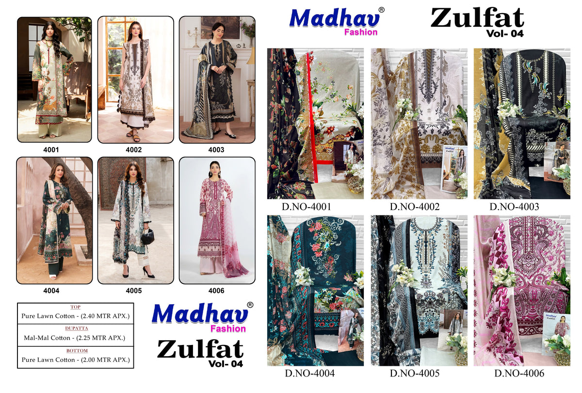 Zulfat Vol 4 Madhav Fashion Lawn Cotton Open pic Karachi Salwar Suits Exporter