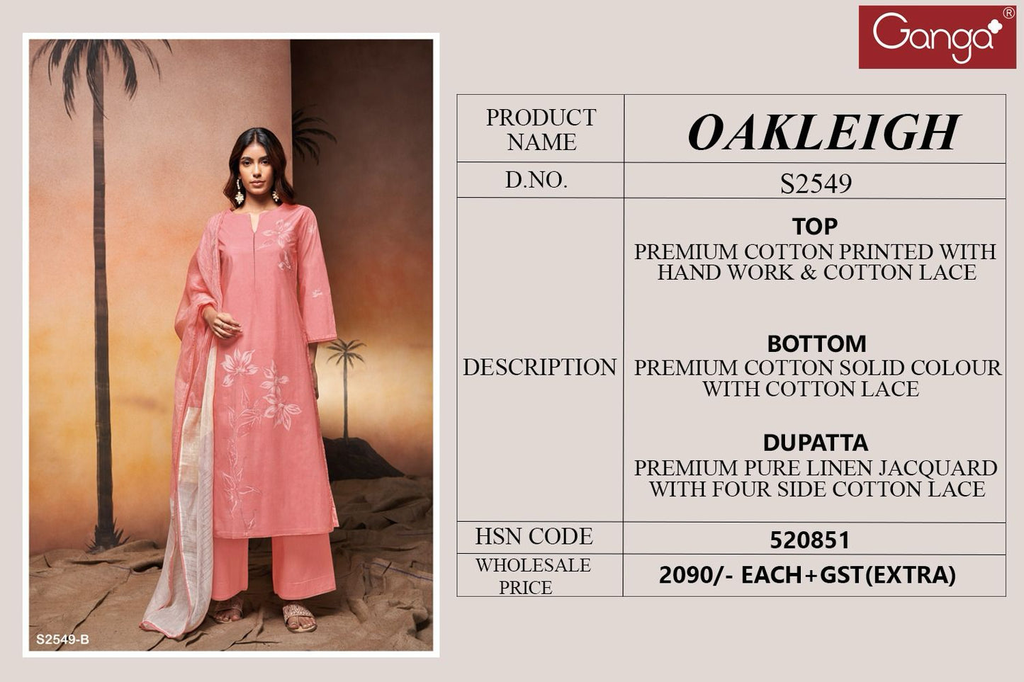 Oakleigh 2549 Ganga Premium Cotton Plazzo Style Suits Wholesale