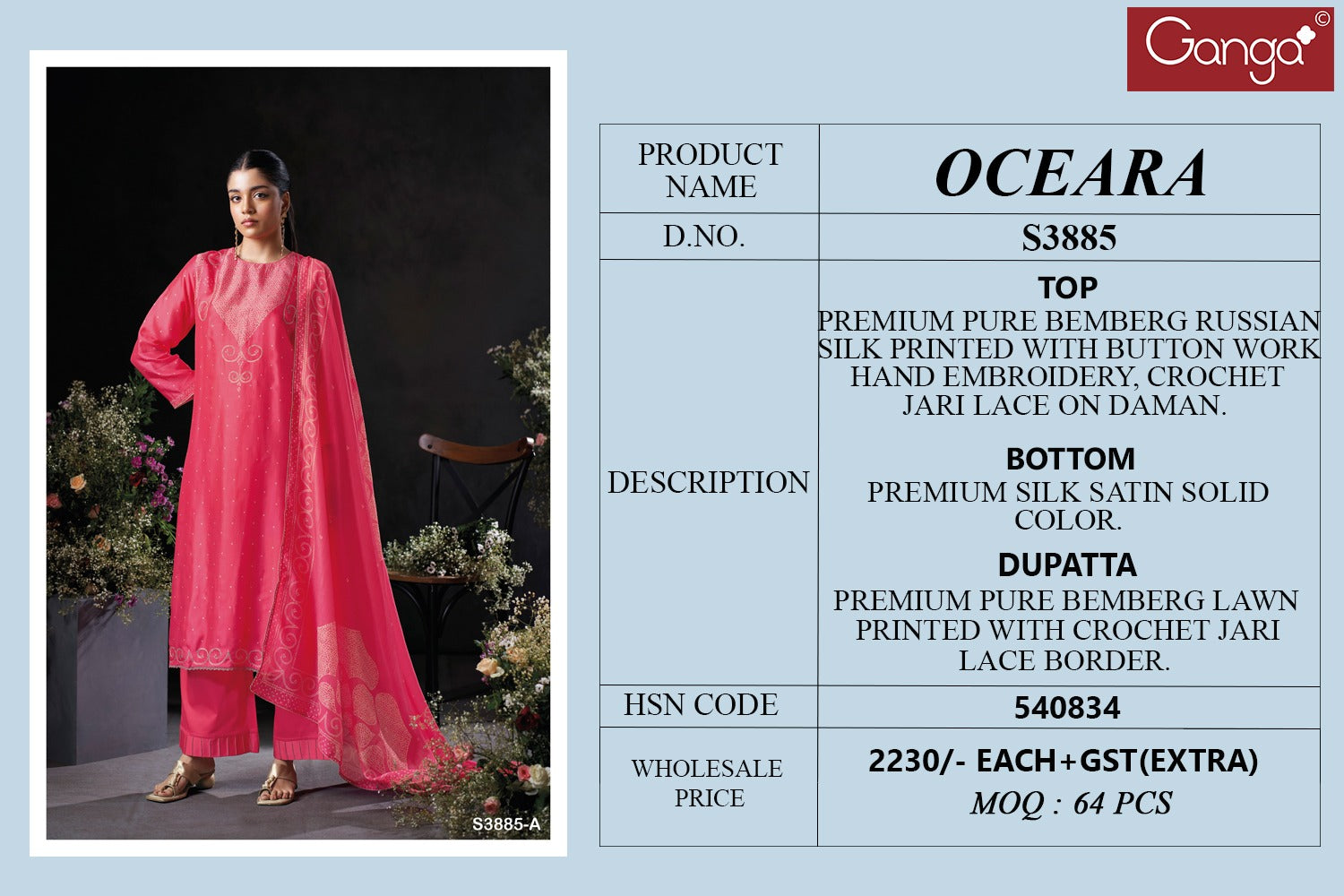 Oceara 3885 Ganga Premium Bemberg Plazzo Style Suits Wholesale Price