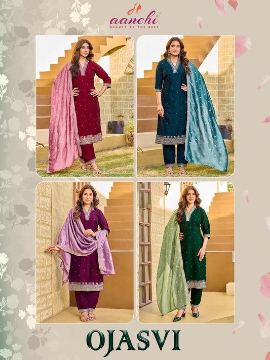 Ojasvi Aanchi Crystal Silk Readymade Pant Style Suits Supplier Gujarat