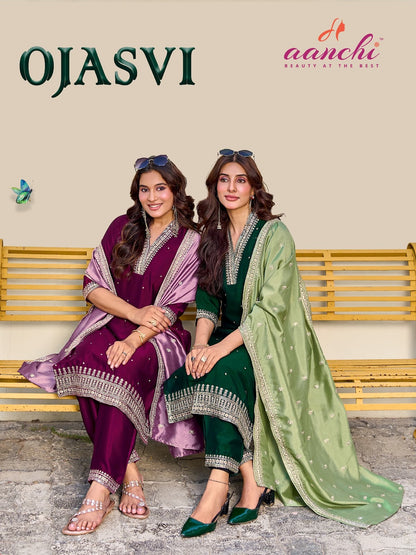 Ojasvi Aanchi Crystal Silk Readymade Pant Style Suits Supplier Gujarat