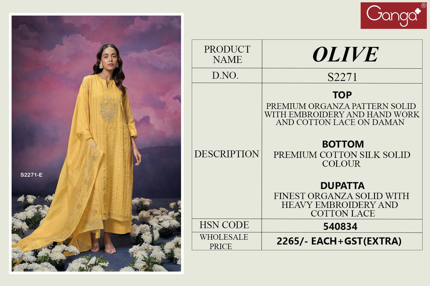 Olive 2271 Ganga Organza Plazzo Style Suits