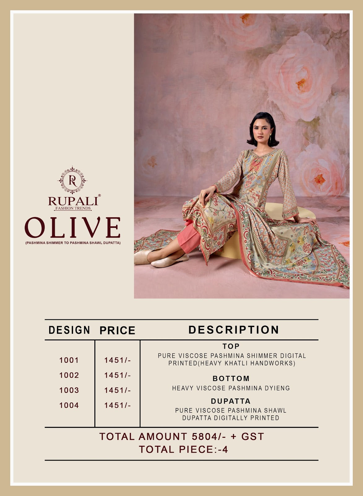 Olive Rupali Viscose Pashmina Suits Wholesale