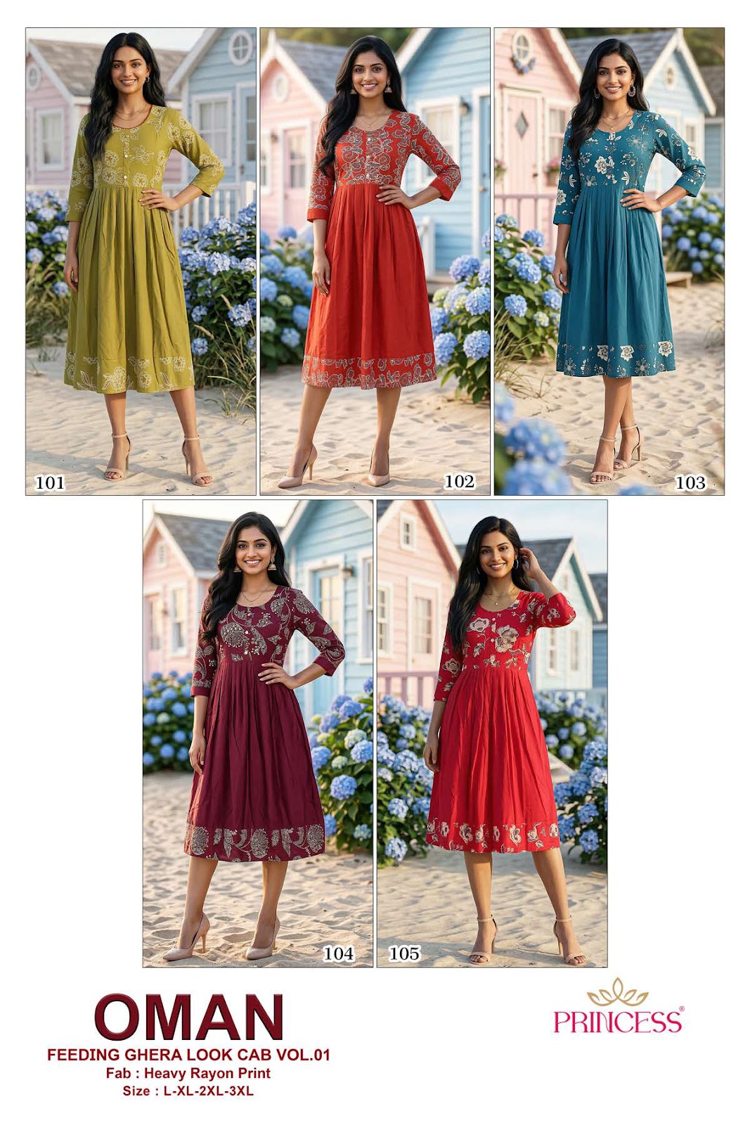 Oman Princess Creation Heavy Rayon Feeding Kurtis Wholesale Rate