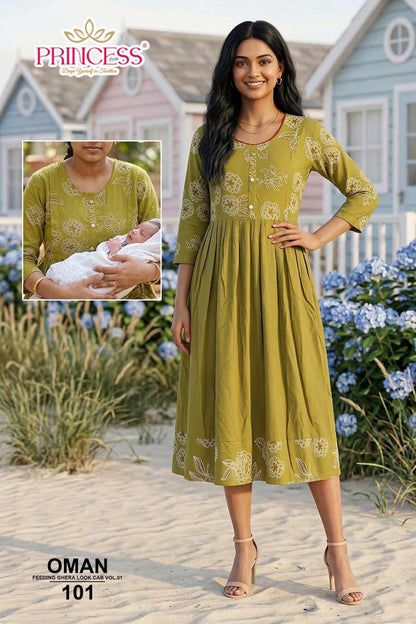Oman Princess Creation Heavy Rayon Feeding Kurtis Wholesale Rate