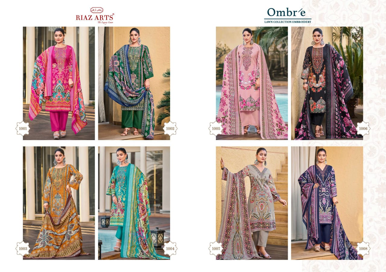 Ombre Lawn Collection Embroidery Riaz Art Cambric Karachi Salwar Suits Supplier Ahmedabad