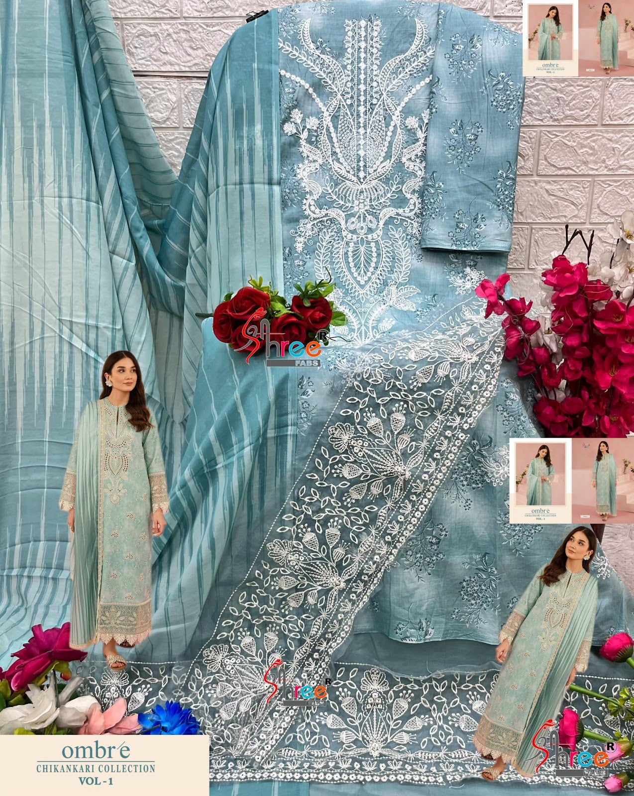 Ombre Vol 1 Chikankari Collection Shree Fabs Cotton Pakistani Patch Work Suits Supplier Ahmedabad
