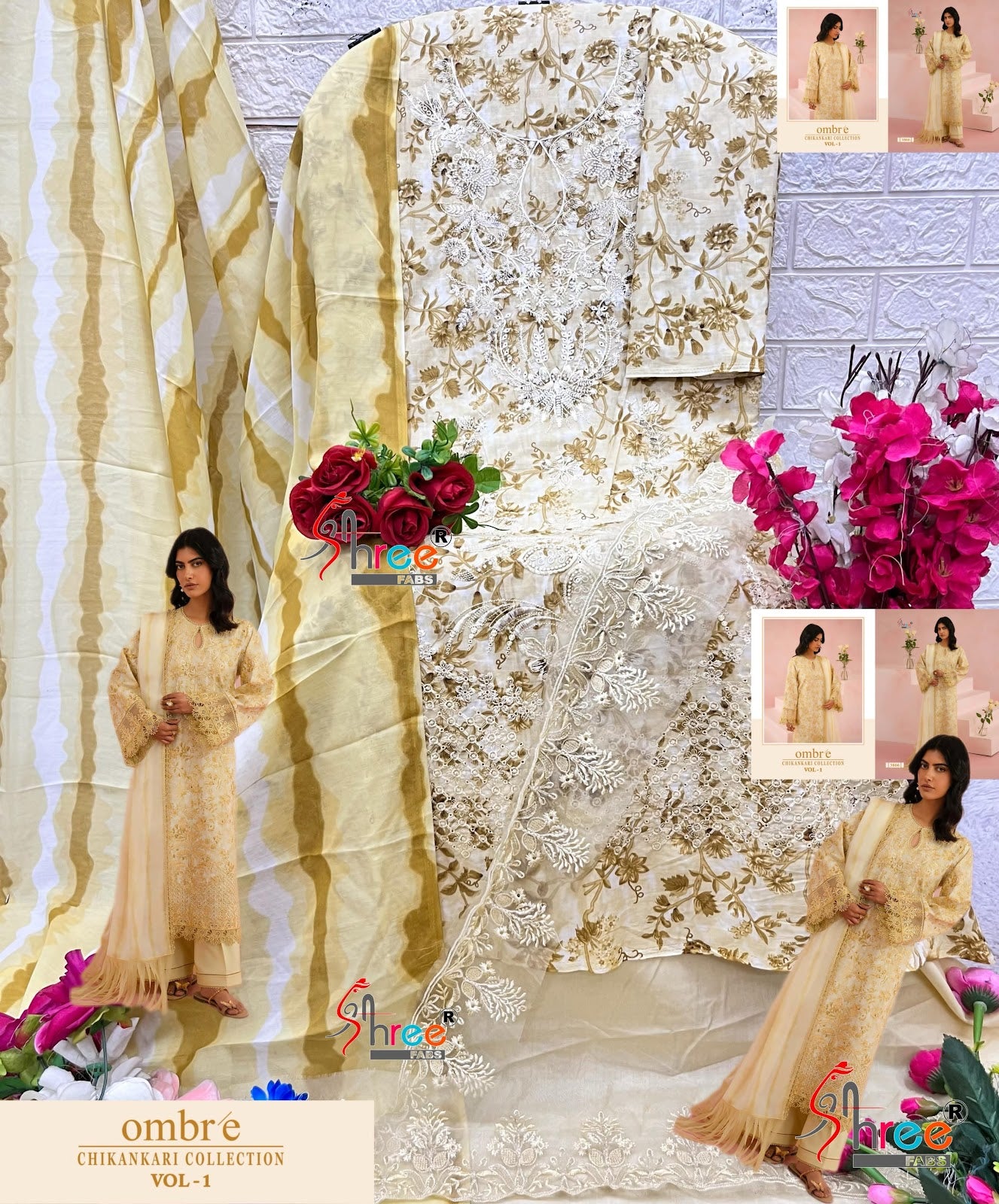 Ombre Vol 1 Chikankari Collection Shree Fabs Cotton Pakistani Patch Work Suits Supplier Ahmedabad