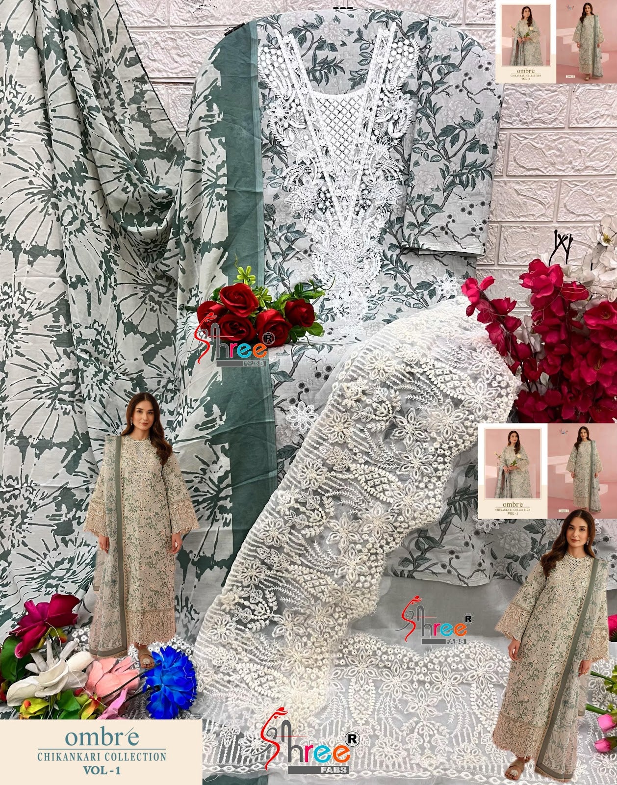 Ombre Vol 1 Chikankari Collection Shree Fabs Cotton Pakistani Patch Work Suits Supplier Ahmedabad