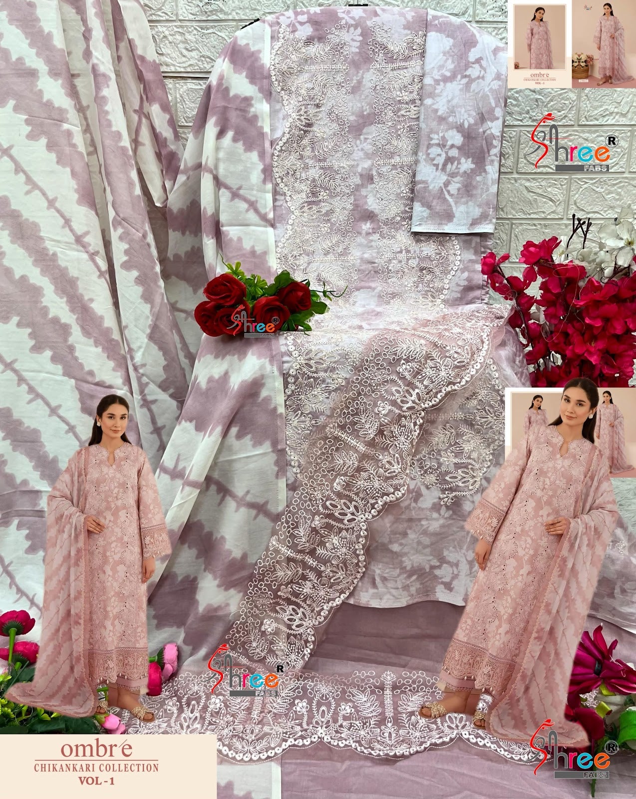 Ombre Vol 1 Chikankari Collection Shree Fabs Cotton Pakistani Patch Work Suits Supplier Ahmedabad