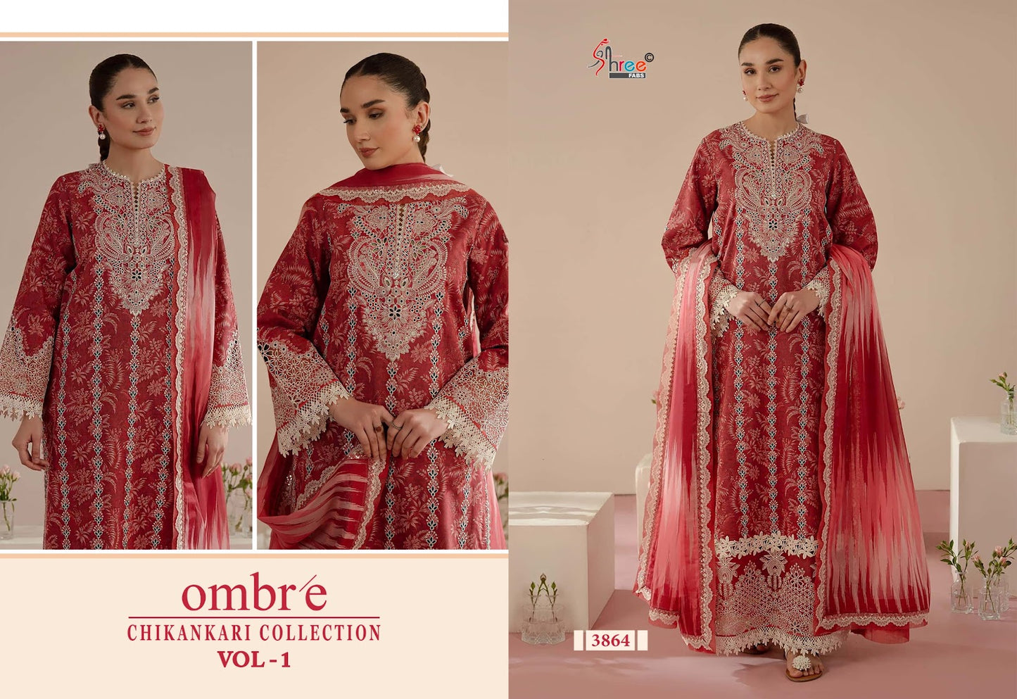 Ombre Vol 1 Chikankari Collection Shree Fabs Cotton Pakistani Patch Work Suits Supplier Ahmedabad