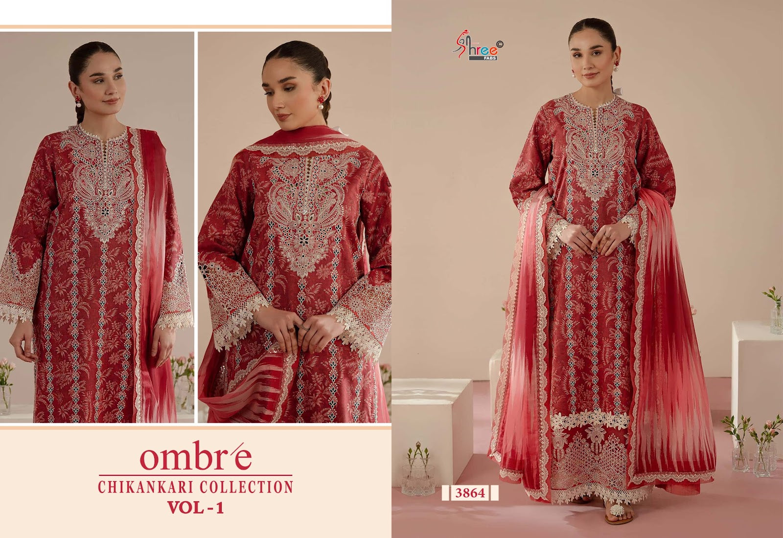 Ombre Vol 1 Chikankari Collection Shree Fabs Cotton Pakistani Patch Work Suits Supplier Ahmedabad
